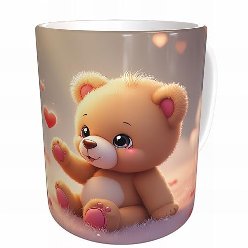 Süßer Teddybär Becher 330ml mit Herzchen – Kinder Tasse für Kakao, Tee & Milch – Geschenk für Geburtstag, Valentinstag, Plüschtier Design, Liebe, niedlich, süß, Kuscheltier Motiv