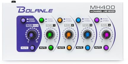 Bolanle MH400 4-Kanal-Stereo-Line-Mixer, Mute, Mono/Stereo | Kompaktes Mini-Mischpult für vier Line-Quellen mit Kanalpegel, Mute, Mono/Stereo-Umschaltung und Master-Regler