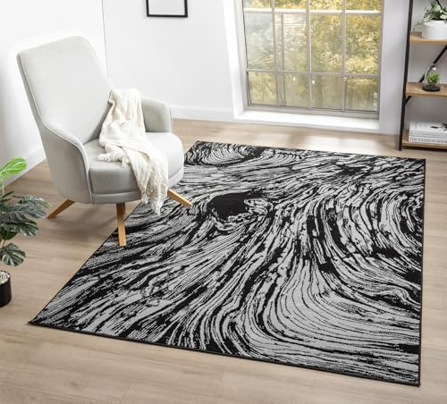 Obsidian Modern Low Pile Area Rug - Polypropylene Weaving - Jute Backing - Floral Traditional Abstract Designs Rugs, Grey, 200x290 cm