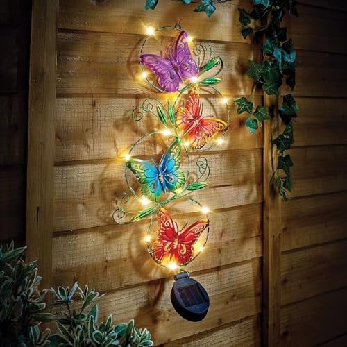 Coopers of Stortford - Solar Butterfly Wall Art - Colourful Outdoor Wall Decoration with 16 Warm White LEDs - Iridescent Finish for Day and Night Charm