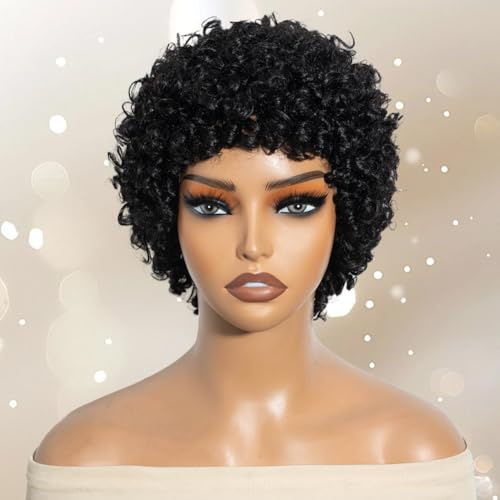 Echthaar Perücke für Afro Schwarze Damen Afro Kinky Bulk Wig Bomb Fluffy Puff Bouncy Curl 10 Inches 180% Density (NATURAL, 8 inches)