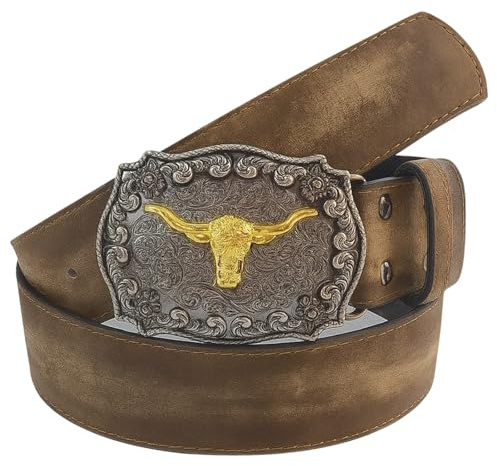 JazRvr Westerngürtel Herren Cowboy, Einzelner Denim-Gürtel Mit Western Schnalle, 107 Cm Länge, Aus Lederimitat, Ideal Für Jeans Und Western-Partys