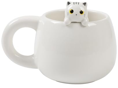I-TOTAL® - Tasse en céramique avec animal en céramique sur le bord, tasse à thé ou café (WHITE CAT)