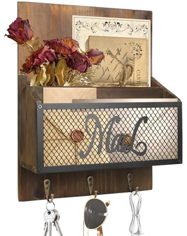Post Organizer Wand Holz, Zeitschriften Wandhalter Holz, Briefständer Wand mit Schlüsselhalter, Rustikaler 2 Fächer Postsortierer Metall Dokumenten Organizer für Zuhause, Büro, Flur, Schule