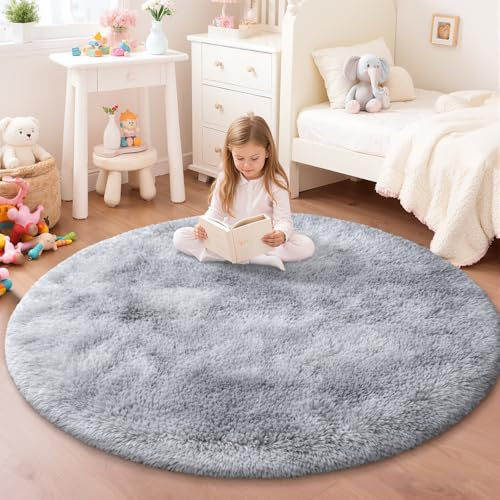 JOYARR Rundteppich für Kinderzimmer Schlafzimmer Wohnzimmer Spielzimmer, Flauschig Waschbar rutschfest Moderner Teppich, Tie Dye Hellgrau, 140 cm