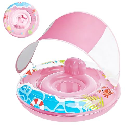 Qoosea Anillo de Natación para Bebé de 6 Meses a 3 años, Inflable Anillo de Natación Niños con Dosel Solar Protector UPF50+, Flotador para Bebé, Boya de Verano Agua Juguete Boya Piscina