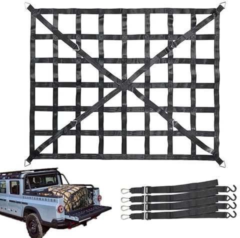 RATSTONE Filet à Bagages pour Pick-Up, Filet Remorque, Filet de Fret Réglable Filet de Chargement Organisateur pour Hayon, Camion, Remorque, avec 4 Sangles Fixes, 167 Cm x 127 Cm