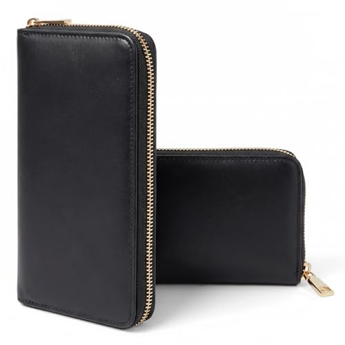 MillyMilk® Leder Geldbörse Groß Pura – Damen Portemonnaie Clutch mit Handyfach – Gepolsterte Kunstleder Brieftasche Vegan mit Vielen Fächern für 16 Karten, Münzen & Scheine (SCHWARZ)