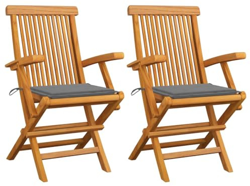 Mhdvray Gartenstühle 2er Set aus Massivholz Teak Klappbar mit Grauen Sitzkissen Klappstühle mit Armlehnen für Garten Terrasse und Balkon Edle Holzstühle für Draußen 55x60x89 cm