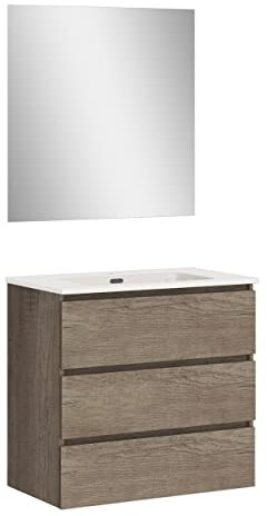 Baikal | Conjunto Completo de Mueble de Baño Suspendido a la Pared con Lavabo Cerámico y Espejo | Tres Cajones, Cierre Amortiguado, Melamina 16mm | Mueble MONTADO | Nebraska | 90cm