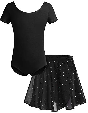 Bricnat Mädchen Ballettkleidung Ballettkleid Tanzbody Gymnastikanzug Balletttrikot Kurzarm Tanzkleid mit Tütü Kinder Baumwolle Schwarz 140