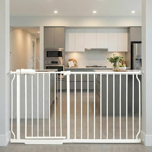 Puerta de seguridad extra ancha para bebés montada a presión, cierre automático, de metal, color blanco, para niños, perros, mascotas, con paseo, para escaleras, puertas, cocina y sala de estar, de