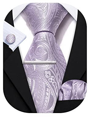 Barry.Wang Mens Ties Silk 4PC Solid Color Paisley Formal Satin Necktie Pocket Square Party Classic Wedding Anniversaries Gift Box