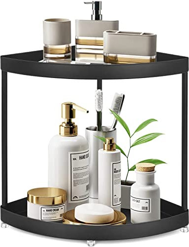 APAFISH 2-Tier Corner Storage Shelf Stackable Organiser for Cosmetics, Bathroom, Kitchen, Countertop, and Vanity, Black