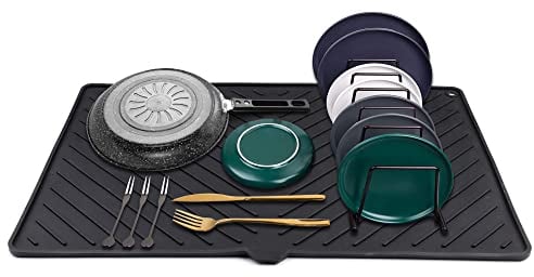 Tapete de secado de platos de silicona - Gran tapete escurridor para la cocina, resistente al calor, secado rápido - Tapete escurridor para lavar platos de IYYI (Black, 23.5*15.2'')