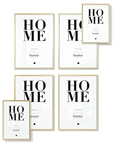 Heimlich® Bilderrahmen Collage (6 STK.) 2x DIN A4 & 4x DIN A3 | ALU Gold | Bilderrahmen 2x (21x29,7 cm) & 4x (29,7x42 cm) Gold mit bruchsicherem Acrylglas | Bilderrahmen Set ALU