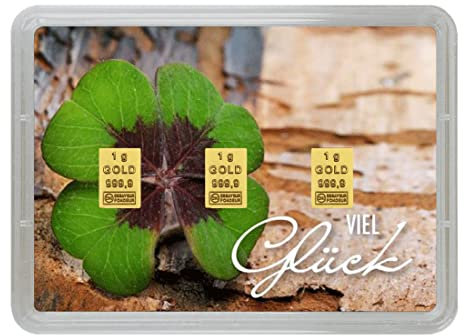 Goldstücke24 - Goldbarren in Geschenk Motivbox “Viel Glück” – Tolle Geschenkidee - Feingold 999,9 (3g Gold)