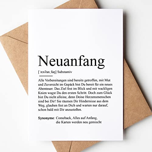 KAMEWI® Grußkarte NEUANFANG Definition | Klappkarte mit Briefumschlag aus Kraftpapier | Mutmacher Aufmuntern Krebs Krebskämpfer Trennung Scheidung Lieblingsmensch Seelenverwandte Beste Freundin