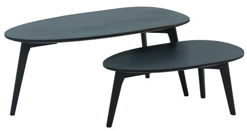 Wohnling Design Couchtisch 2er Set Mango Massivholz Wohnzimmertisch Schwarz, Satztisch Holztisch Nierenform Kaffeetisch, Retro Tischset 2-teilig Beistelltisch Holz