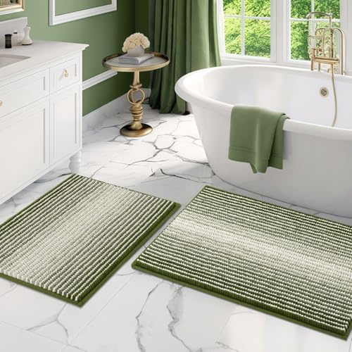 BSICPRO Bathroom Rugs and Mats Sets, 2 Piece Thick Absorbent Chenille Bath Mat Rug Set Non Slip, Soft Shaggy Bath Room Floor Mats for Bathroom, Machine Washable (Sage, 20 x 32 Plus 16 x 24)