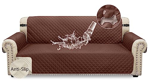 Granbest wasserdichte Sofabezug 3 Sitzer rutschfeste Couchbezug mit Elastischen Riemen, Waschbare Sofaschutz für Kinder, Haustiere, Hunde, Katzen (3-Sitzer, Schokolade)