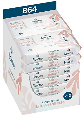 BIOLANE - Pack de 12 Lingettes bebe au lait de toilette - Bébé - 864 Lingettes bébé - Nettoie et hydrate - Peaux sensibles - 98% d'origine naturelle -Fabriqué en France