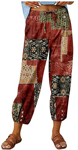 ODJOY-FAN Bauchweg Hose Damen Stretch Leicht Sommerhose Boho Haremshose Sommer Große Größen Yogahose Stretch Elegant Leinenhose Freizeithose Lockere Luftig Strandhose