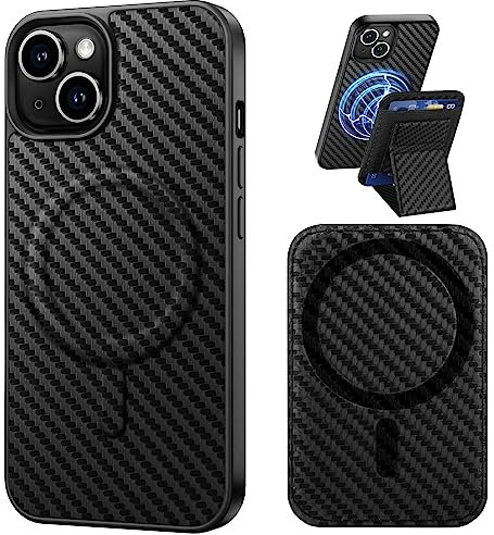 Coque iPhone 14 for MagSafe avec Magnétique Support Slot Card Holder Porte Carte Béquille Ajustable,Telephone Protection Housse Étui avec Magnetic Wallet en Cuir Fold Stand. Fibre de Carbone Noire