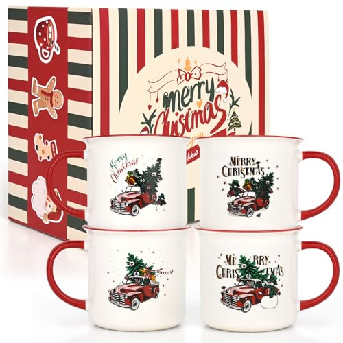 Maustic Christmas Mugs Set of 4, Ceramic Christmas Coffee Mugs with Red Truck, Merry Christmas Holiday Mugs, Christmas Coffee Cups for Hot Chocolate Hot Cocoa, Gifts for Family, Holiday Cups 13 Oz