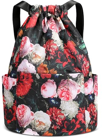 SODOLLEE Damen Rucksack mit Kordelzug Leichtgewicht Fitness Yoga Daypack mit Aufdruck Frauen Turnbeutel Wasserdicht Nylon Sportbeutel für Draussen Urlaub Camping Blume D