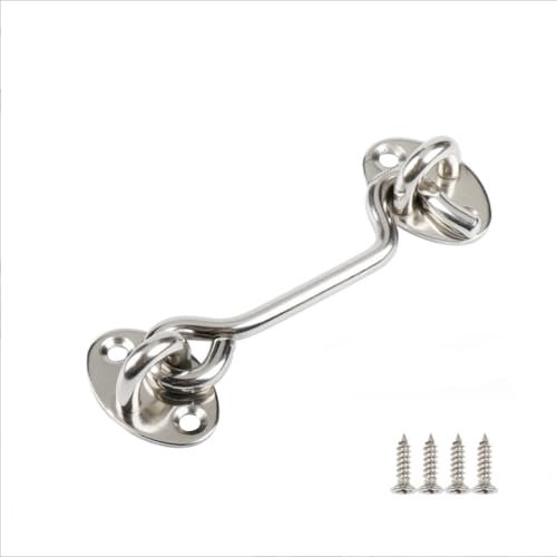 1PCS Stainless Steel Cabin Hook and Hook and Eye Latch, 4 Inch shed Door Latch Heavy Duty, gate Latch for Wooden Gates，Window Brace Gate Door Catch Silent Holder (Silver)