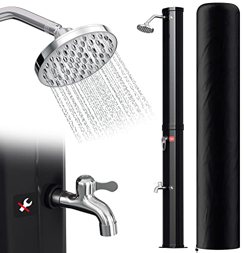 Eulenke solardusche Garten 35 L | 217cm | gartendusche solar | warmes Wasser max. 60°C | Pooldusche mit Regenduschkopf und Wasserhahn | Außenduscheohne Stromansc hluss | Inkl. Schutzhaube | Schwarz