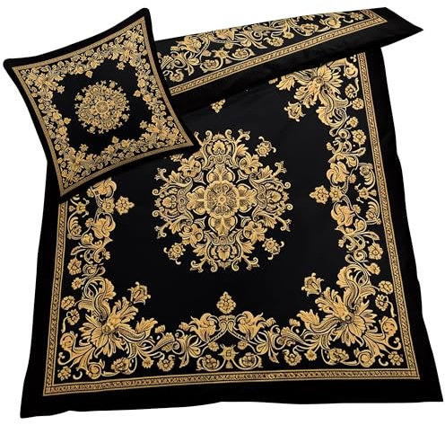 Goldene und Schwarze Bandana Bettwäsche 135x200 Winter, Paisley Bandana Bettbezug 135x200 2er Set, Wendebettwäsche und Kissenbezug, Weiche & Atmungsaktive Mikrofaser Bettwäsche-Sets