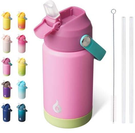 BJPKPK Insulated Water Bottle with Straw Lid, 12oz Thermos Water Bottles, Flex Handle & Non-Slip Boot, BPA Free Leak Proof Stainless Steel Metal Cups, Tumblers, Cups,Rose Pink