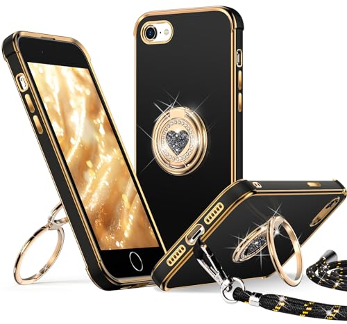 XYZ für iPhone 7/8/SE 2022/SE 2020 Hülle mit Band, Herz Doppelring Ständer HandyHülle Handykette Frauen Mädchen Dünn Stoßfeste Anti-Kratzt SchutzHülle für iPhone iPhone 7/8Case, Schwarz