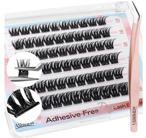 LASHVIEW Self Adhesive Eyelashes, D Curl Press On Lash Clusters Kit Pre Glued Eyelash Clusters with Applicator,No Glue No Remover Needed DIY Lash Extension Kit 10-16mm (N10 60Pcs)