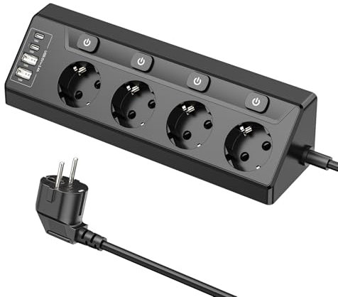 Ecksteckdose mit USB, 4 Fach Steckdosenleiste mit Schalter, Mehrfachsteckdose Steckerleiste mit 2 USB und 2 Type-C, 8 in 1 Überspannungsschutz mit 2M Kabel für Smartphones Tablets, Hause, Schwarz