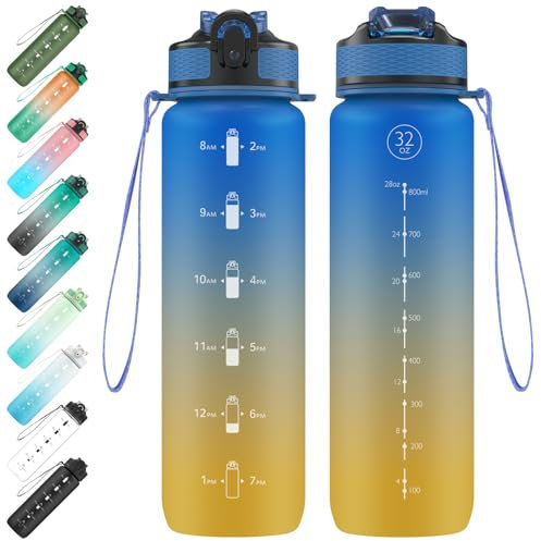 EYQ Botella de agua de 1 litro, botella de agua de 1 litro con pajita, a prueba de fugas, Tritan sin BPA, botella de agua motivacional con marcador de tiempo, botella de bebidas deportivas para