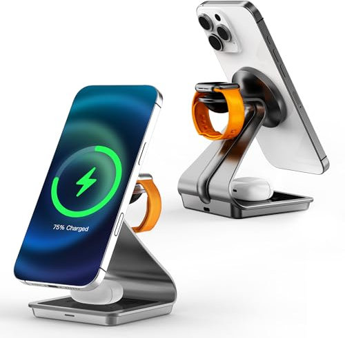 3 in 1 Induktive Kabelloses Ladegerät, Induktive Wireless Charger für iPhone 16/15/14/13/12 Serie, für Apple Watch 8/7/6/5/4/3/2/SE, AirPods 3/2/Pro, Schwarz