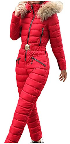 Damen Schneeoverall Winter Warm Schneeanzug Overall Elegant Ski Jumpsuit Pelzkragen Skijacke Schneeanzug mit Hoodies Nicht Abnehmbare Outdoor Sporthose Skianzug Wasserdicht Skifahren Overall, rot, M