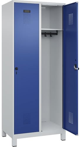 C + P Möbelsysteme C+P | Spind Evolo Plus | 2 Abteile | lichtgrau/enzianblau | B 800 mm | mit Breiten Füßen | Drehriegel
