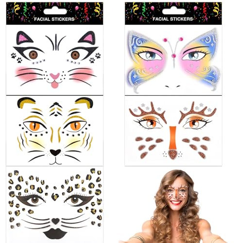 TOPJOWGA Face Art Sticker, 5 Blätter Gesichts-Tattoo, Ablösbare Gesicht Aufkleber, Gesichtstattoo Temporäres Leopard Tiger Schmetterlinge Katze Giraffe, Glitzer Face Paint für Karneval Halloween
