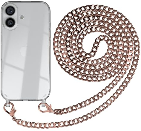 EAZY CASE Handykette kompatibel mit iPhone 16 Handyhülle mit Metall Umhängeband und Ersatz Kordel schwarz, Handykordel mit Schutzhülle, Stylische Kette, Metall - Rosé-Gold