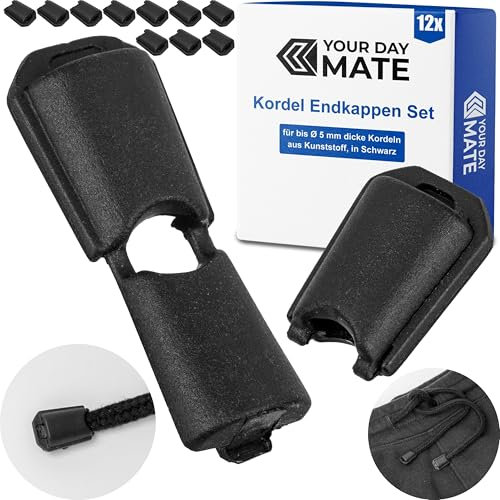 Kordel Endkappen, 12 Stück, für bis Ø 5 mm Bänder, Design 4, Schwarz, Kunststoff, Verschlusskappen für Kordelende von Rucksack, Pullover, Jacke, Outdoor Bekleidung, Seilklemme Endstück Kappe Paracord