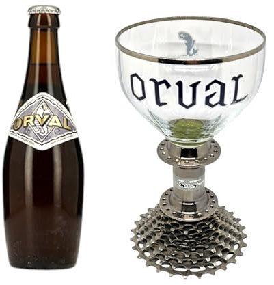 Générique Calice Orval - Art et Design Unique sur Piédestal en Engrenage de Chaîne de Vélo - Verre de Bière Trappiste.