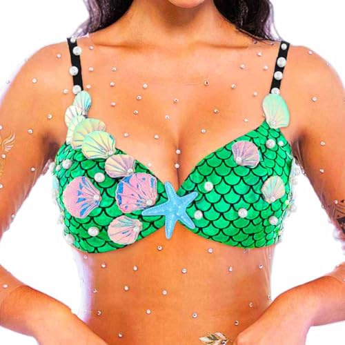 Evlry Meerjungfrau Muschel Bikini BH-Top, Strand Fischschuppen-BH, Rave Party Schwimmen Bra Tops Kostüme für Frauen