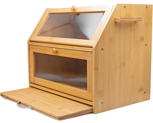 Maison Des Cadeaux Large Bamboo Bread Bin Loaf 2 Compartment Storage Rack Box With Easy Slide-Out Chopping Board