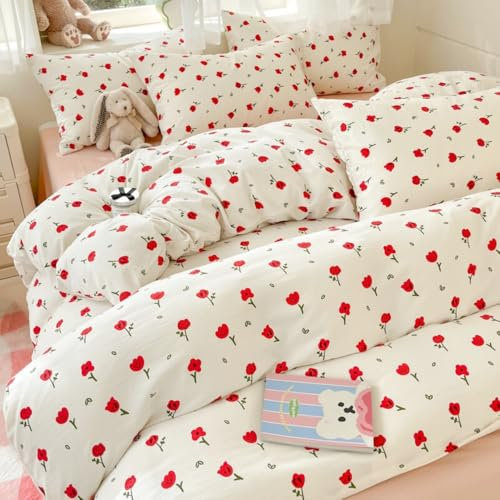Michorinee Housse de Couette 240x260 Beige Motif Feuilles Rose Rouge Parure de Lit Adulte en 110g/m² Microfibre Fleurie Linge de Lit Vintage Fermeture Éclair et Taie d'oreiller 65x65