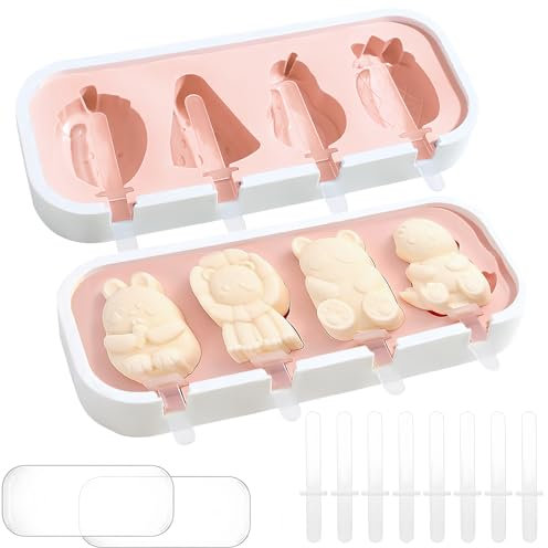 2 Moule a Glace Moules à Glaces Réutilisables en Forme D'animaux Silicone Ice Cream Moulds Avec 4 Compartiments en Forme de Fruits Adaptés au Bricolage et à L'interaction Parent Enfant (Rose)