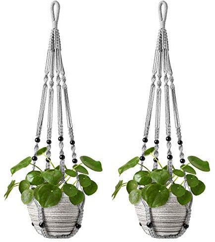 Mkouo Macramé colgante para plantas, maceteros colgantes para exterior e interior, con perlas de madera, sin borlas, decoración para balcón, 89 cm, gris, 2 unidades